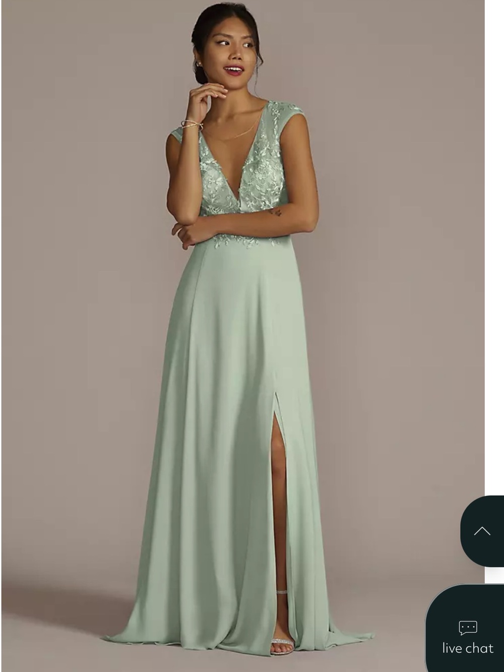 David’s Bridal Galina Signature Cap Sleeve Lace Sage Green V-Neck Evening Dress